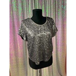 Bongo Womens Silver Sequin Short Sleeve Top Grey Split Back Party Shirt Large